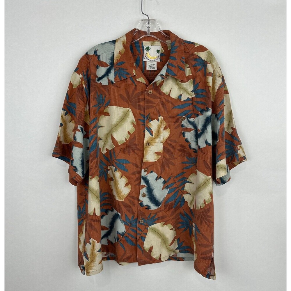 Banana Cabana Men Silk Hawaiian Camp Beach Shirt XXL  Orange Floral Short Sleeve